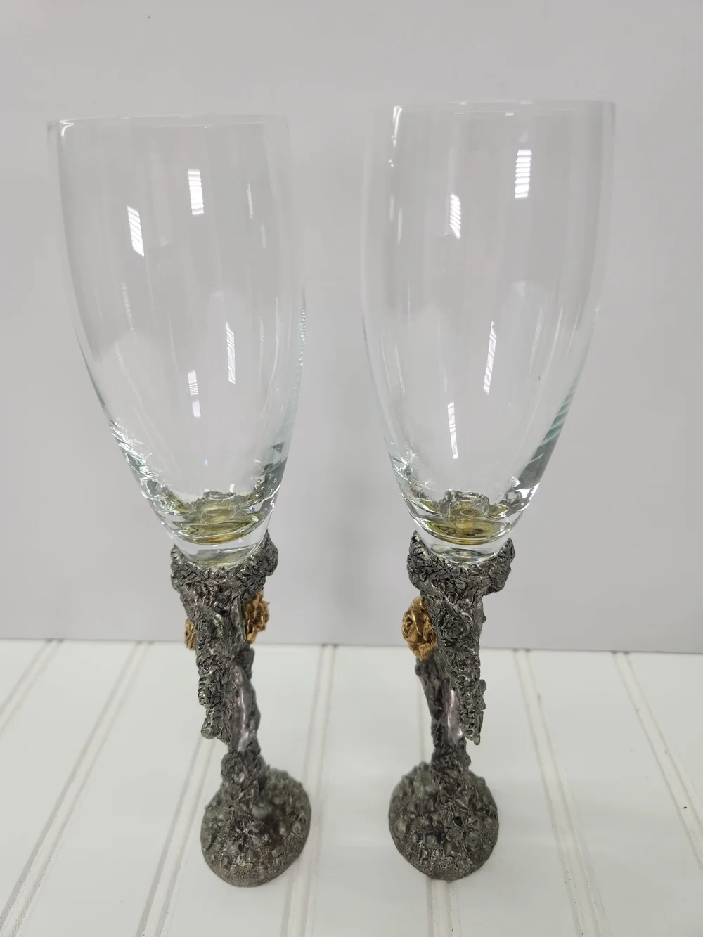 Vintage Fellowship Foundry Kevin O'Hare Pewter & Gold Rose Toasting Flutes Set